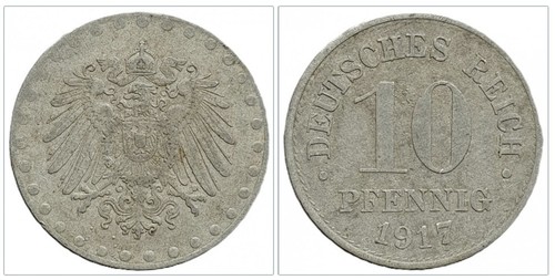 Pfennig 1917 ohne mzz zink - 10, mzz.